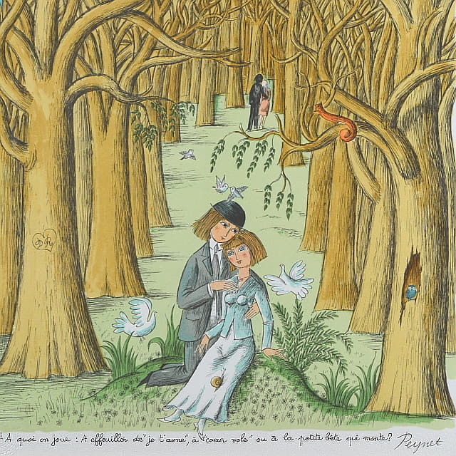 レイモン・ペイネ「恋人たちの森」直筆サイン入りリトグラフ 画面下部に記されたフランス語のレジャンドと森の生きものたち